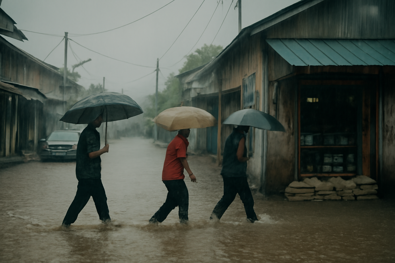Warga melintasi jalan tergenang saat hujan lebat di kawasan bandar Malaysia