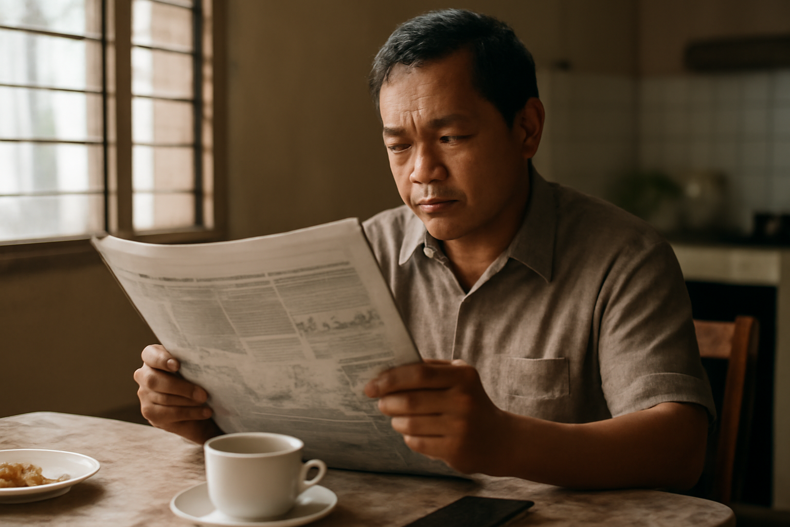Seorang pria membaca berita ekonomi Malaysia di meja sarapan sambil memeriksa data di telepon genggam