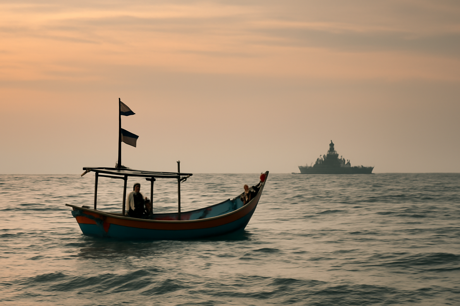 Perahu nelayan tradisional Malaysia berlayar di perairan dekat pantai saat fajar, dengan kapal patroli di kejauhan.