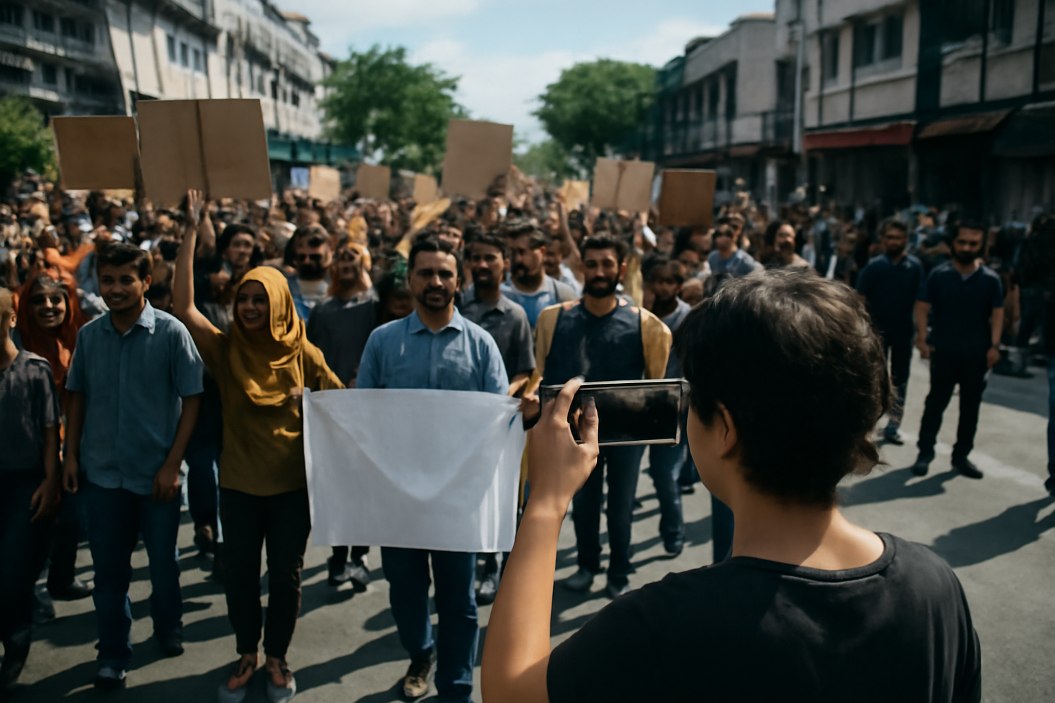 Suasana aksi demo di jalanan Malaysia dengan massa membawa spanduk dan seseorang merekam menggunakan ponsel